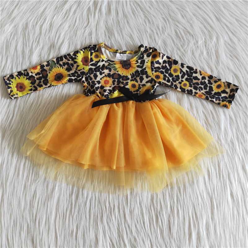 6 A29-27(2) girl yellow sunflower leopard tulle winter long sleeve dress-promotion $1.99 deadline 2025.10.15