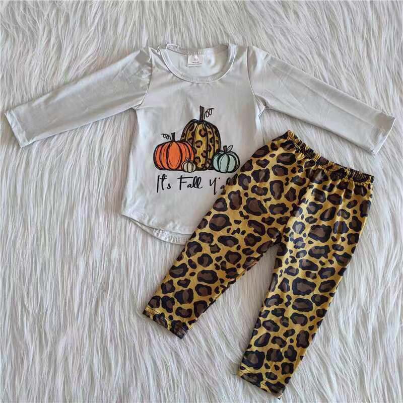 6 A26-1 girl halloween pumpkin grey top it's fall yall leopard outfit--promotion $1.99 deadline 2025.10.15
