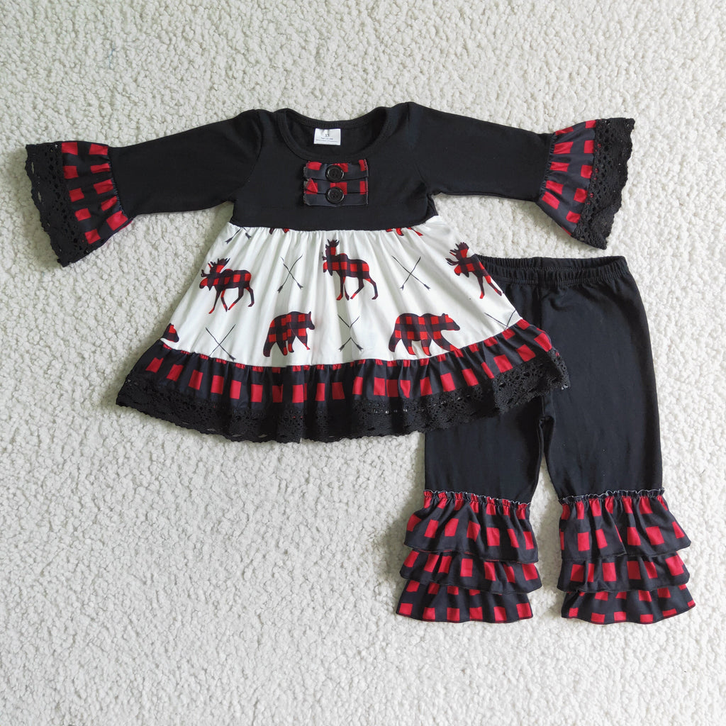 6 B4-1 girl bear black plaid winter long sleeve set - promotion $1.99 deadline 2025.10.15
