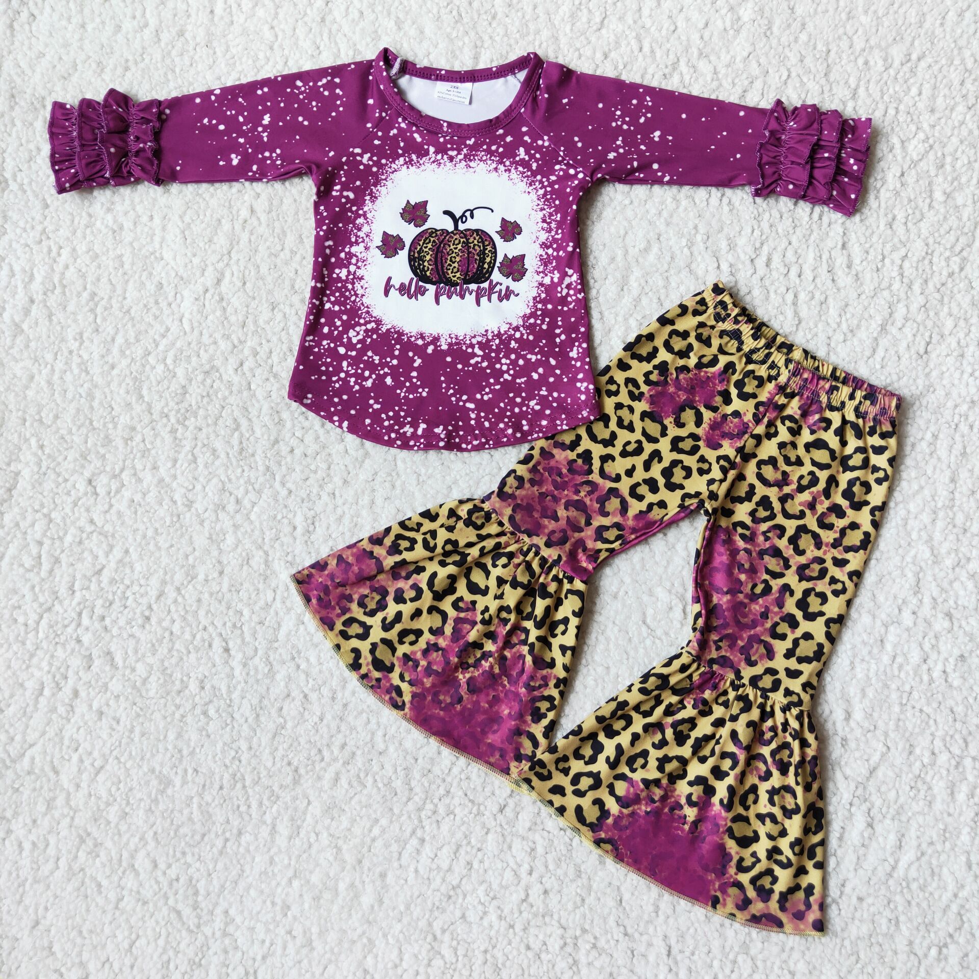 6 B8-2 RTS Girls Halloween Purple Bleach Leopard long Sleeve Bell Bottom Set Outfits-promotion $1.99 deadline 2025.10.15