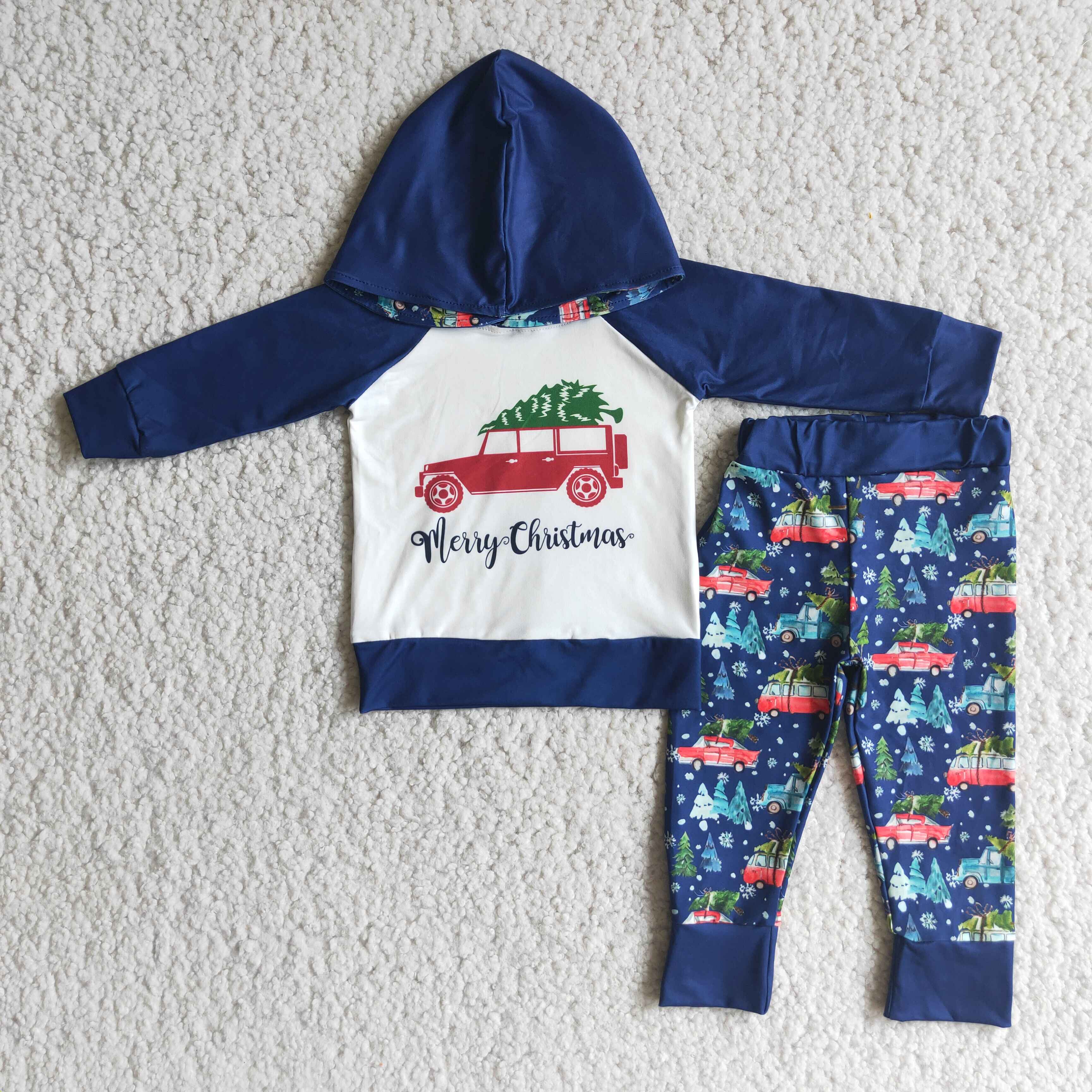 6 A12-13 Boy tree truck navy hoodies christmas set -promotion $1.99 deadline 2025.10.15