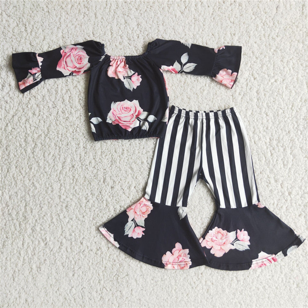 6 A29-2 kids clothes girls black floral stripe pants winter outfits-promotion $1.99 deadline 2025.10.15