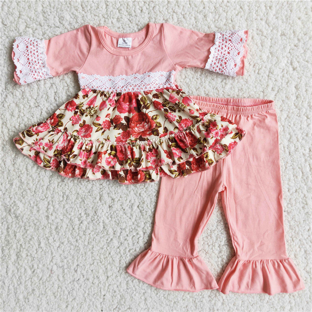 6 A17-26 girl pink lace floral flower 3/4 sleeve fall spring set-promotion $1.99 deadline 2025.10.15