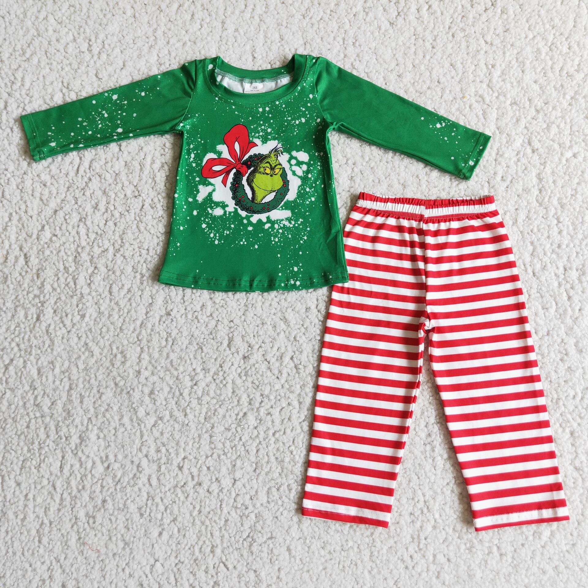 6 A12-4 boy green christmas red stripe long sleeve pajamas outfit set -promotion $1.99 deadline 2025.10.15