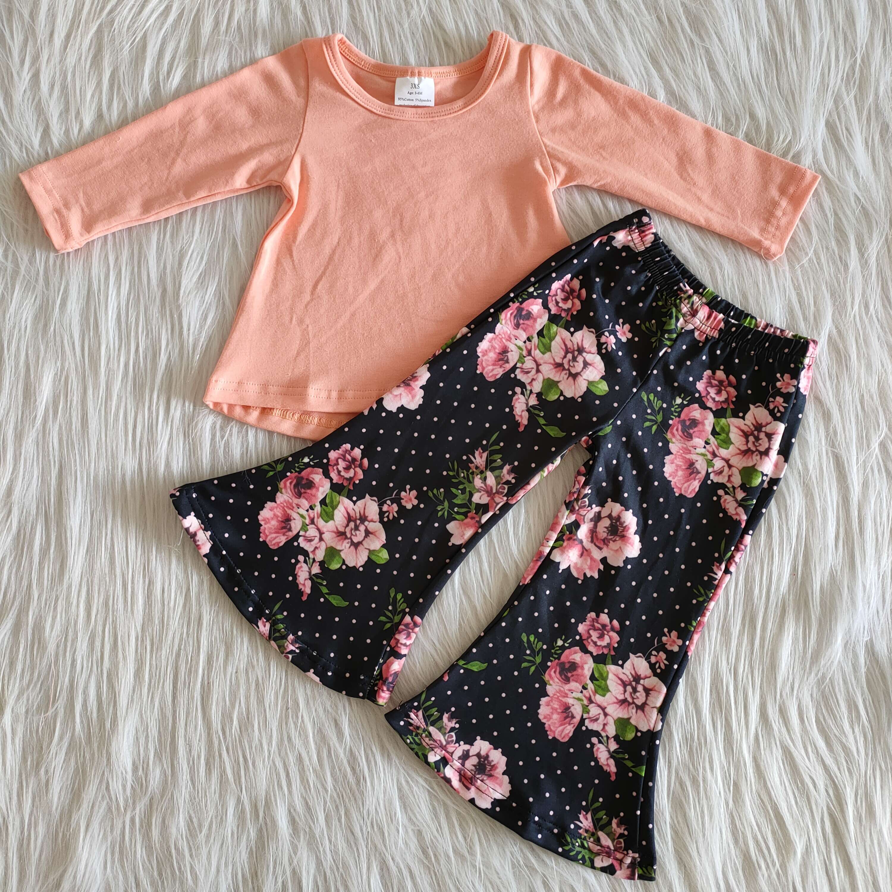 6 A20-12 girls coral black dot floral bell pants winter long sleeve set--promotion $1.99 deadline 2025.10.15