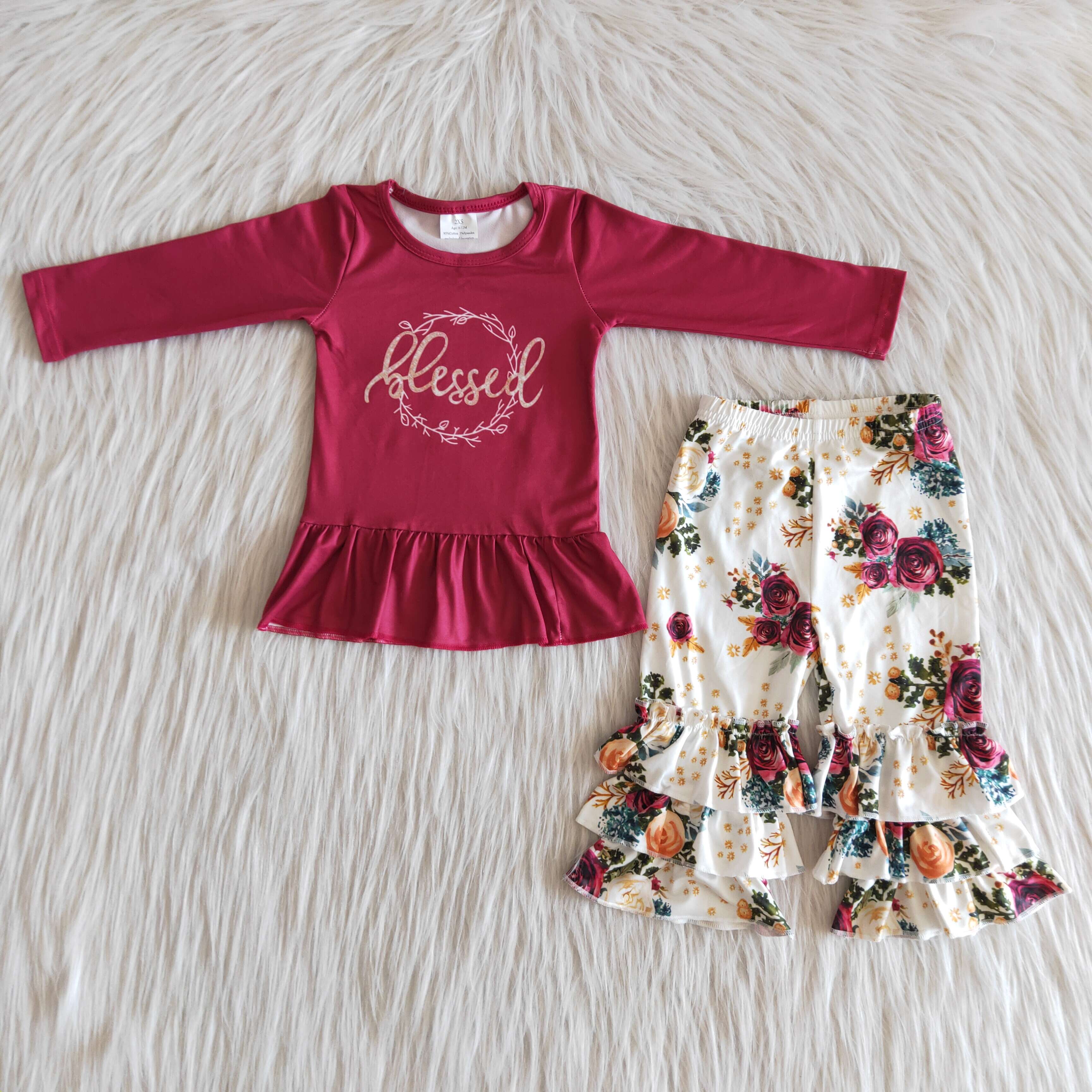 6 A16-28 RTS girl dark red blessed floral winter long sleeve set-promotion $1.99 deadline 2025.10.15