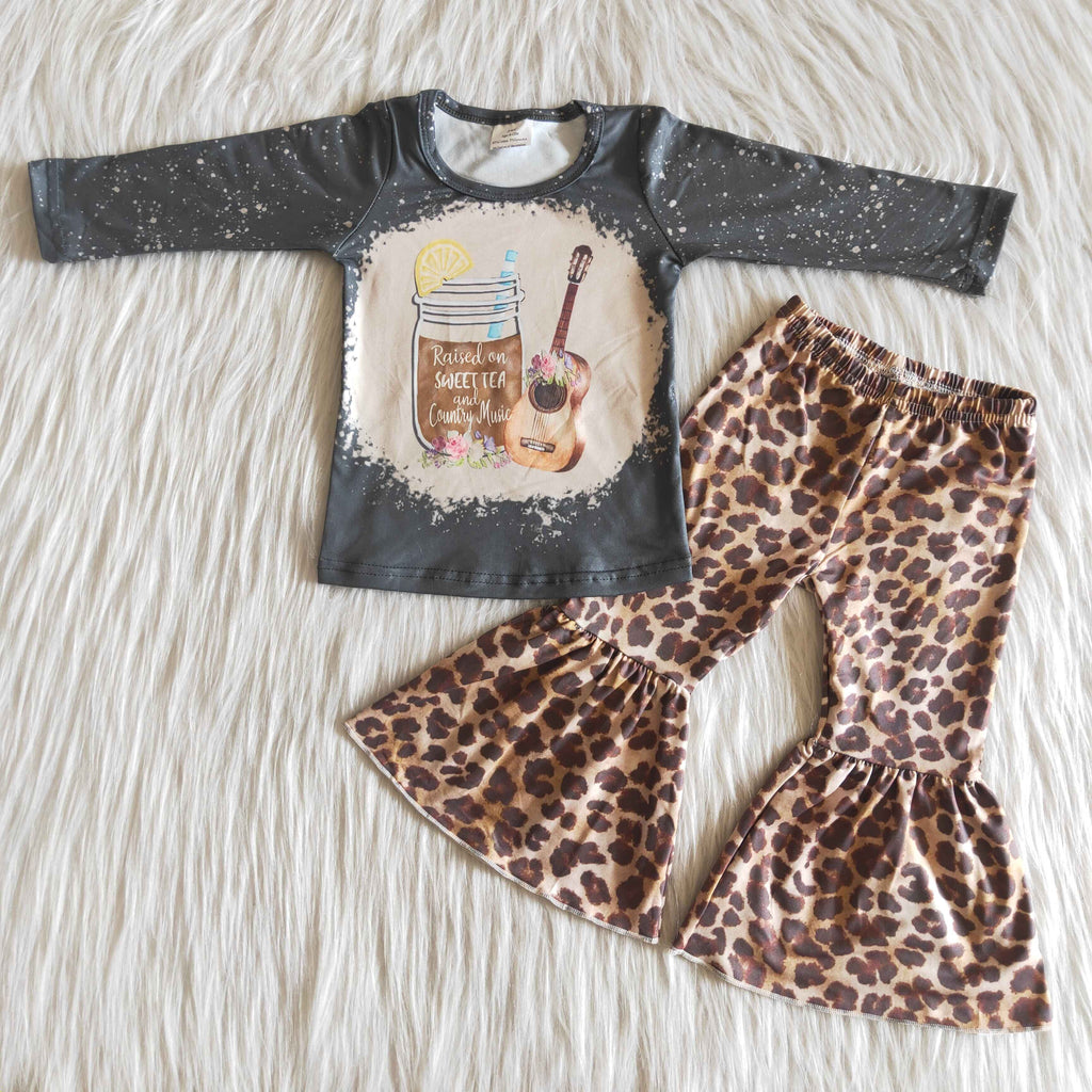 6 B13-18 girls boutique outfits guitar leopard bell bottom winter long sleeve set--promotion $1.99 deadline 2025.10.15