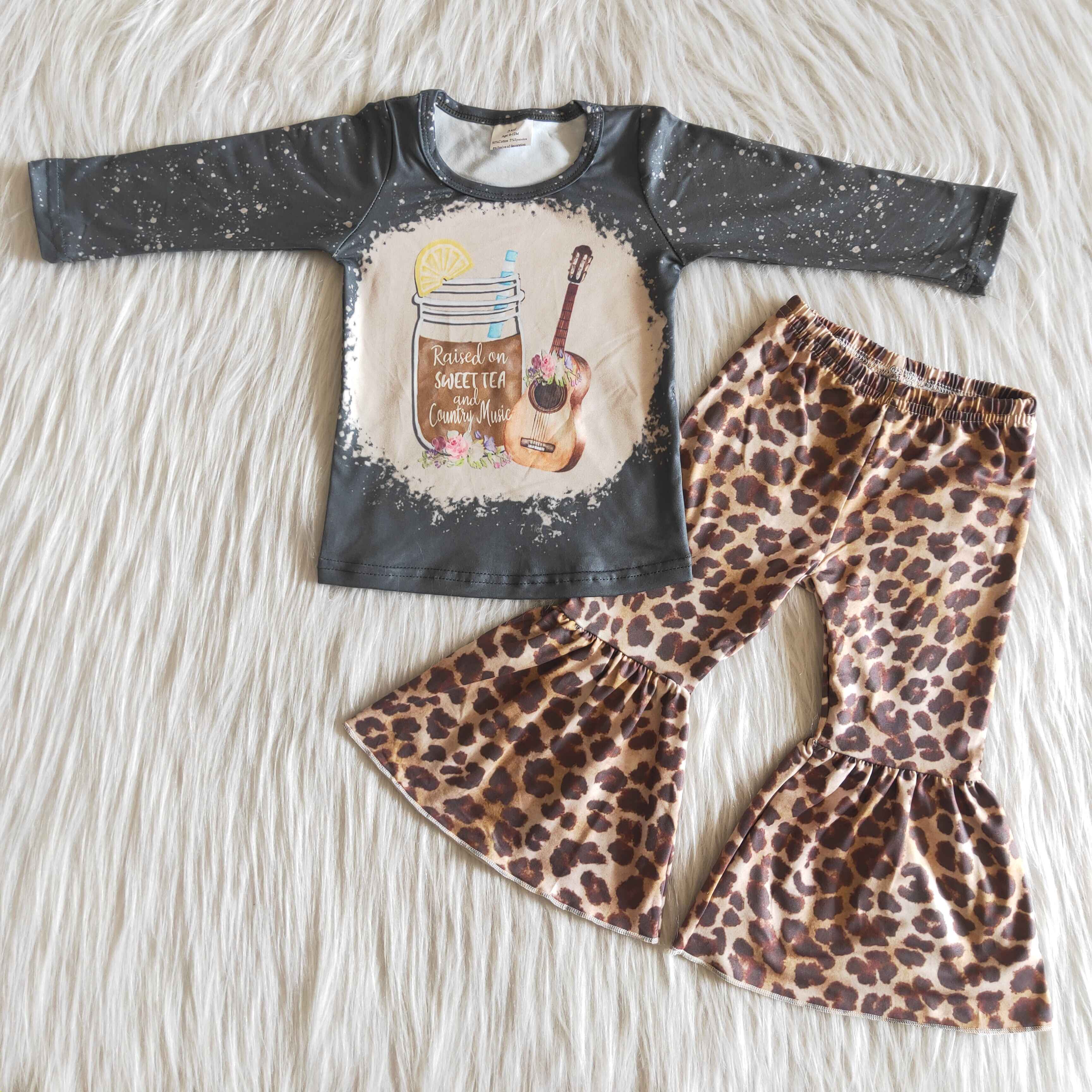 6 B13-18 girls boutique outfits guitar leopard bell bottom winter long sleeve set--promotion $1.99 deadline 2025.10.15