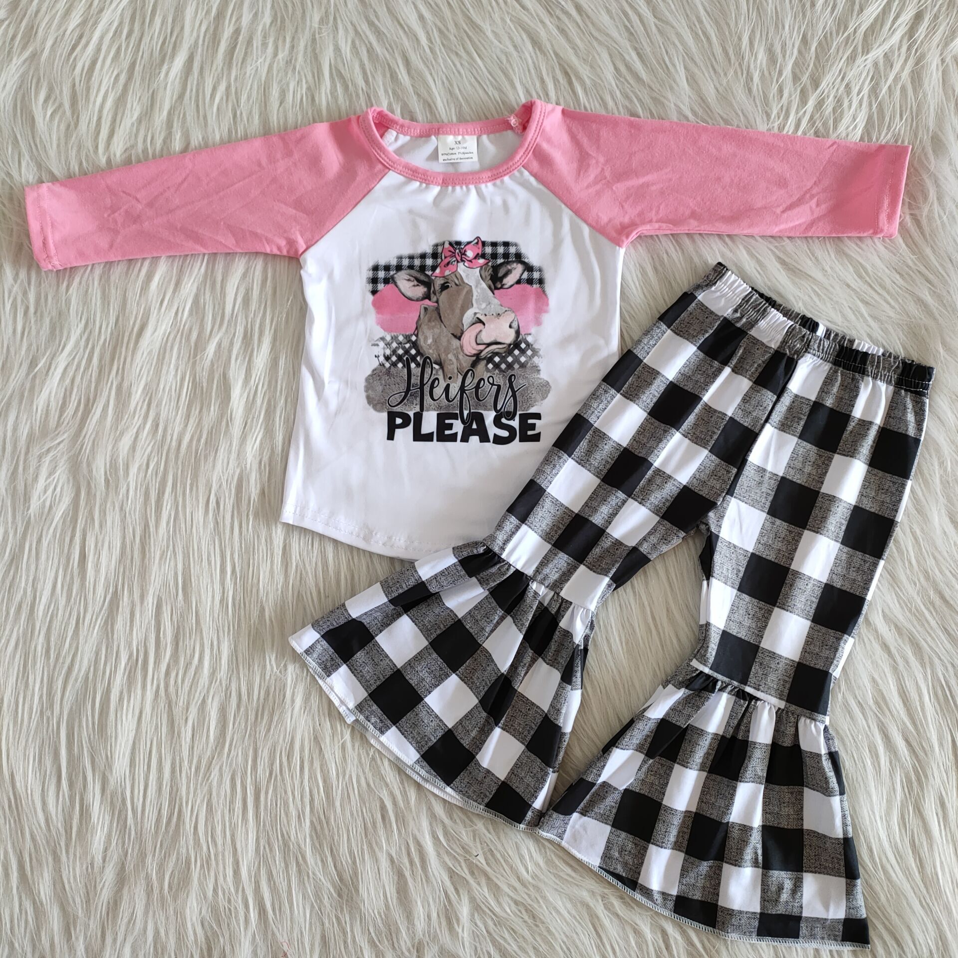 6 A25-29 girl pink black plaid heifer cow farm long sleeve set-promotion $1.99 deadline 2025.10.15