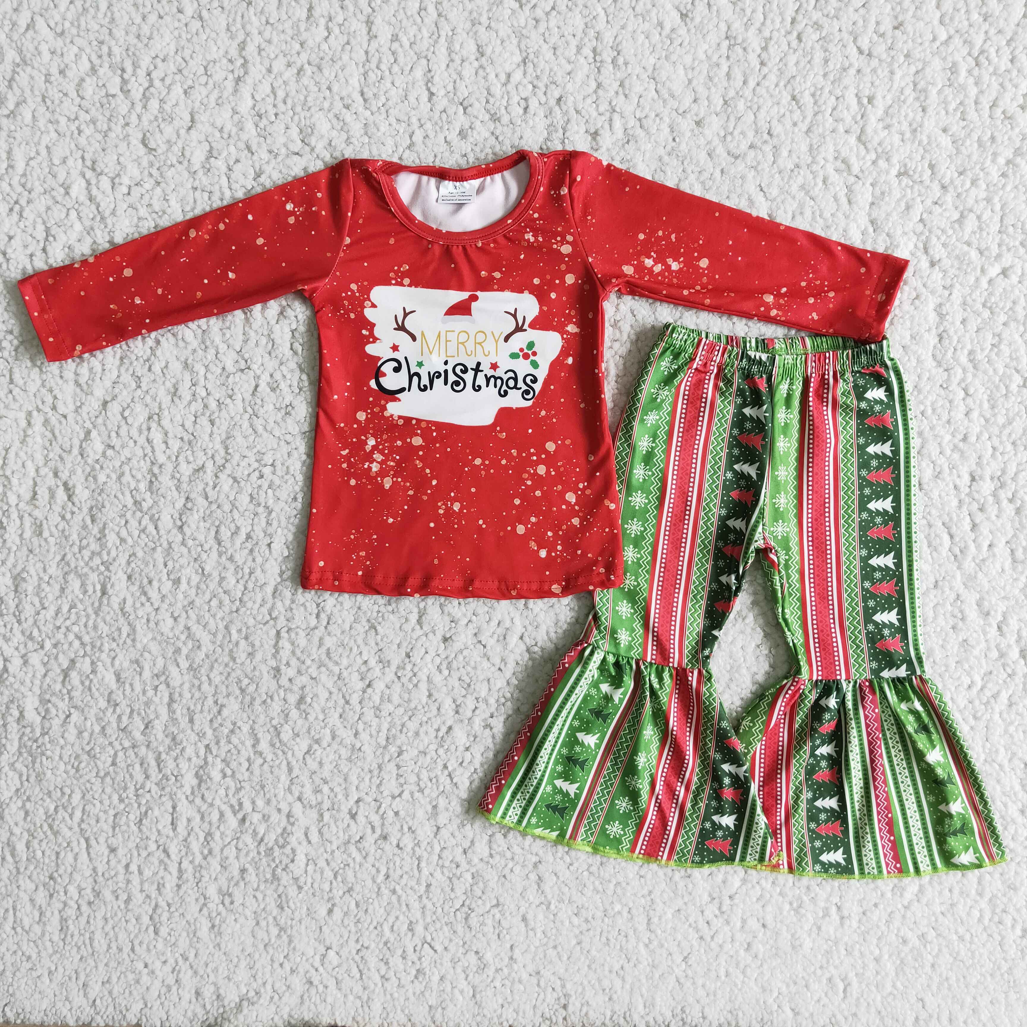 6 A18-18 Girl winter red Christmas longe sleeve green stripe set outfit - promotion $1.99 deadline 2025.10.15