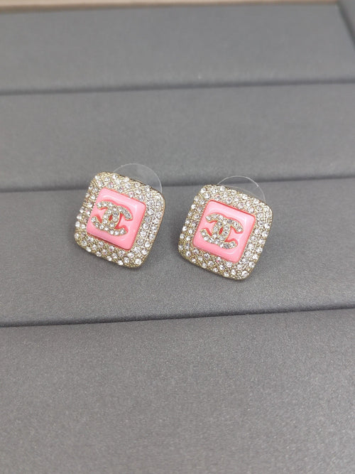 18K  Chanel Diamond Square Pink Earrings