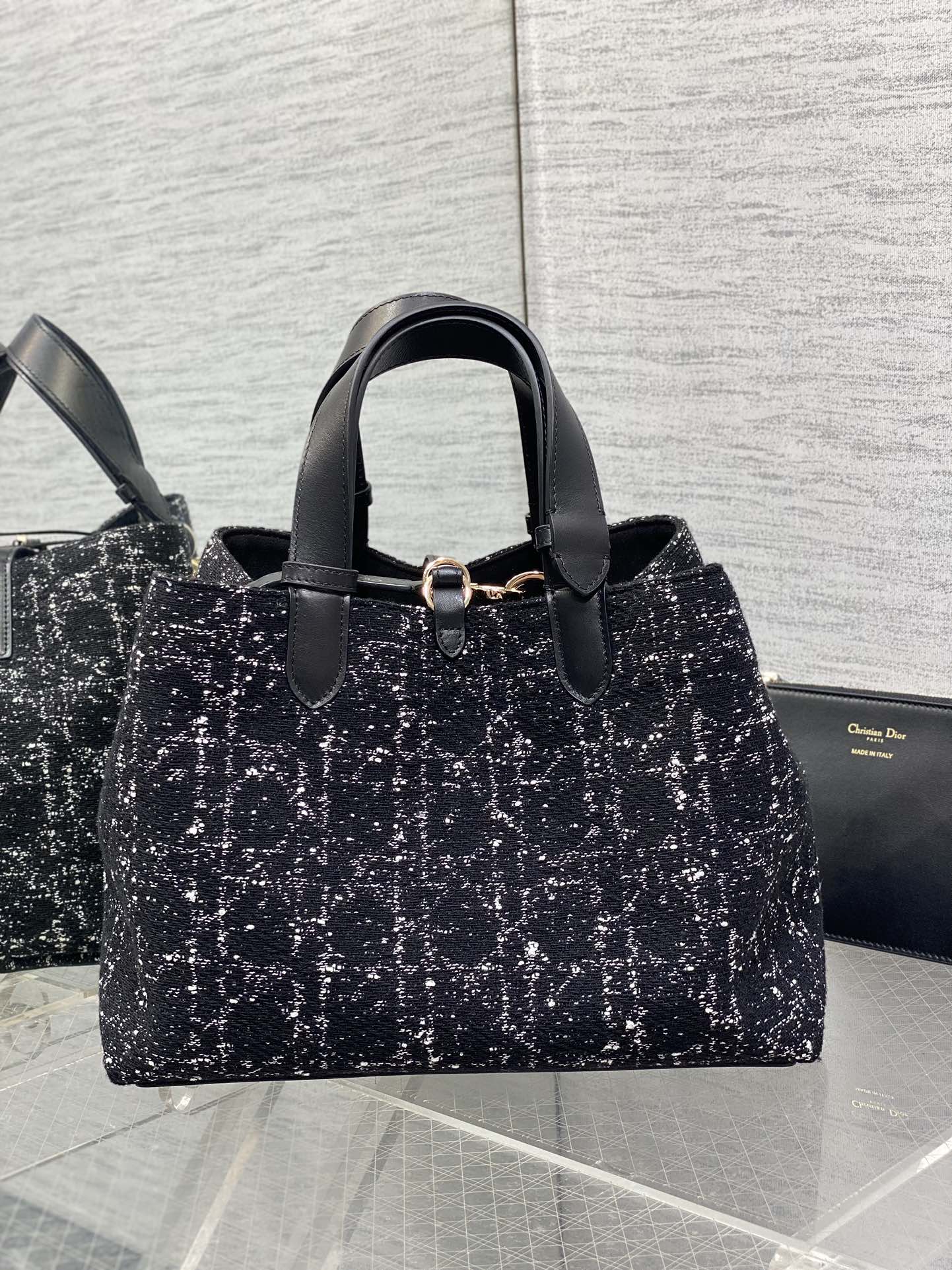 DIOR MEDIUM 28 TOUJOURS BAG IN BLACK MIX WHITE CANNAGE TWEED WITH GOLD HARDWARE
