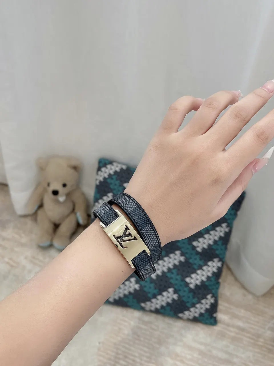 Luxury LV Damier Ebene Leather Bracelet on wrist