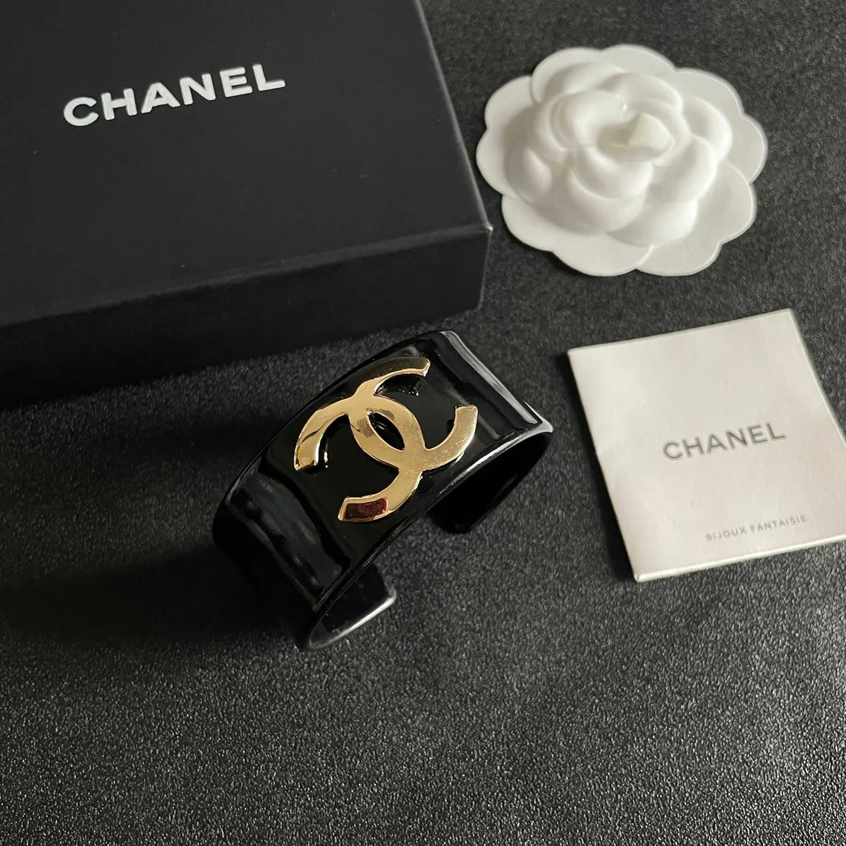 Designer Inspired Black Bangle Bracelet with Gold Logo - Hình 7
