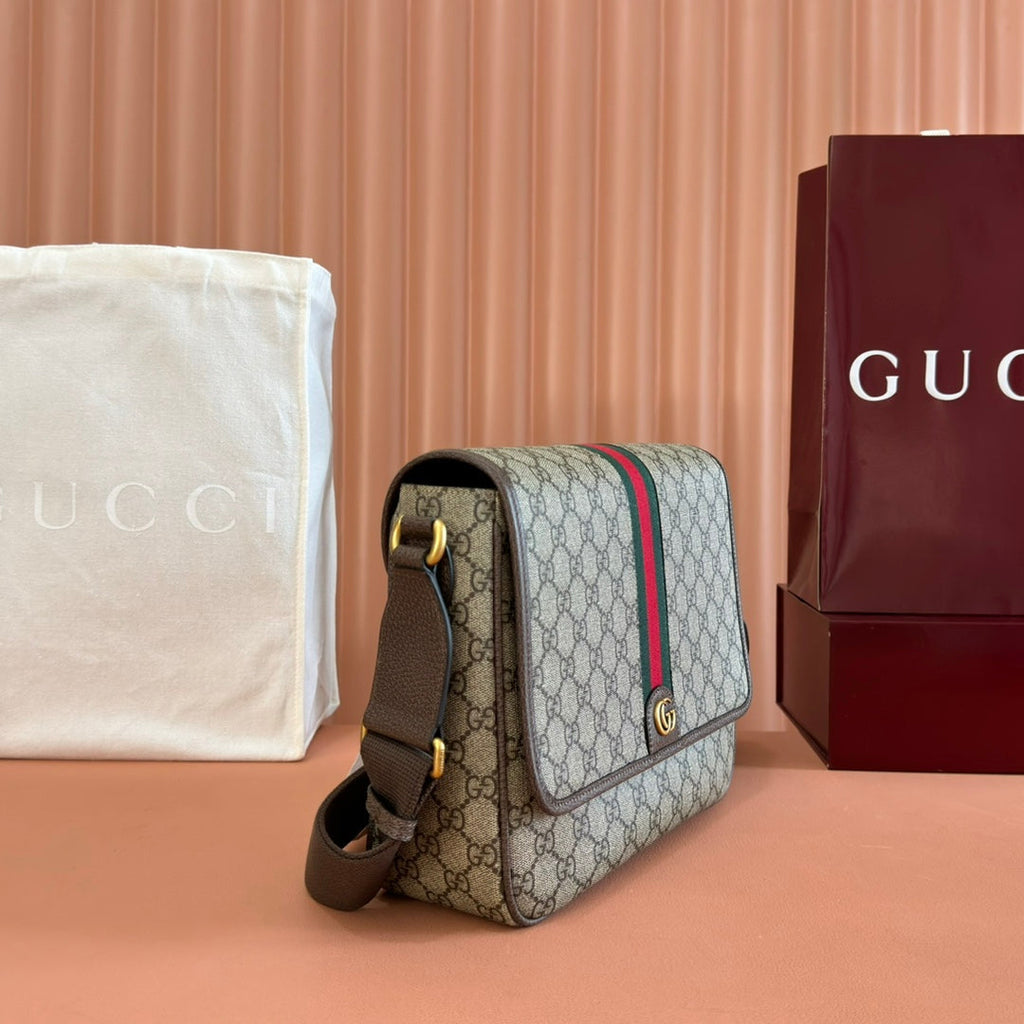 GUCCI 25S OPHIDIA MEDIUM CROSSBODY BAG 28 IN BEIGE CANVAS AND BROWN CALFSKIN