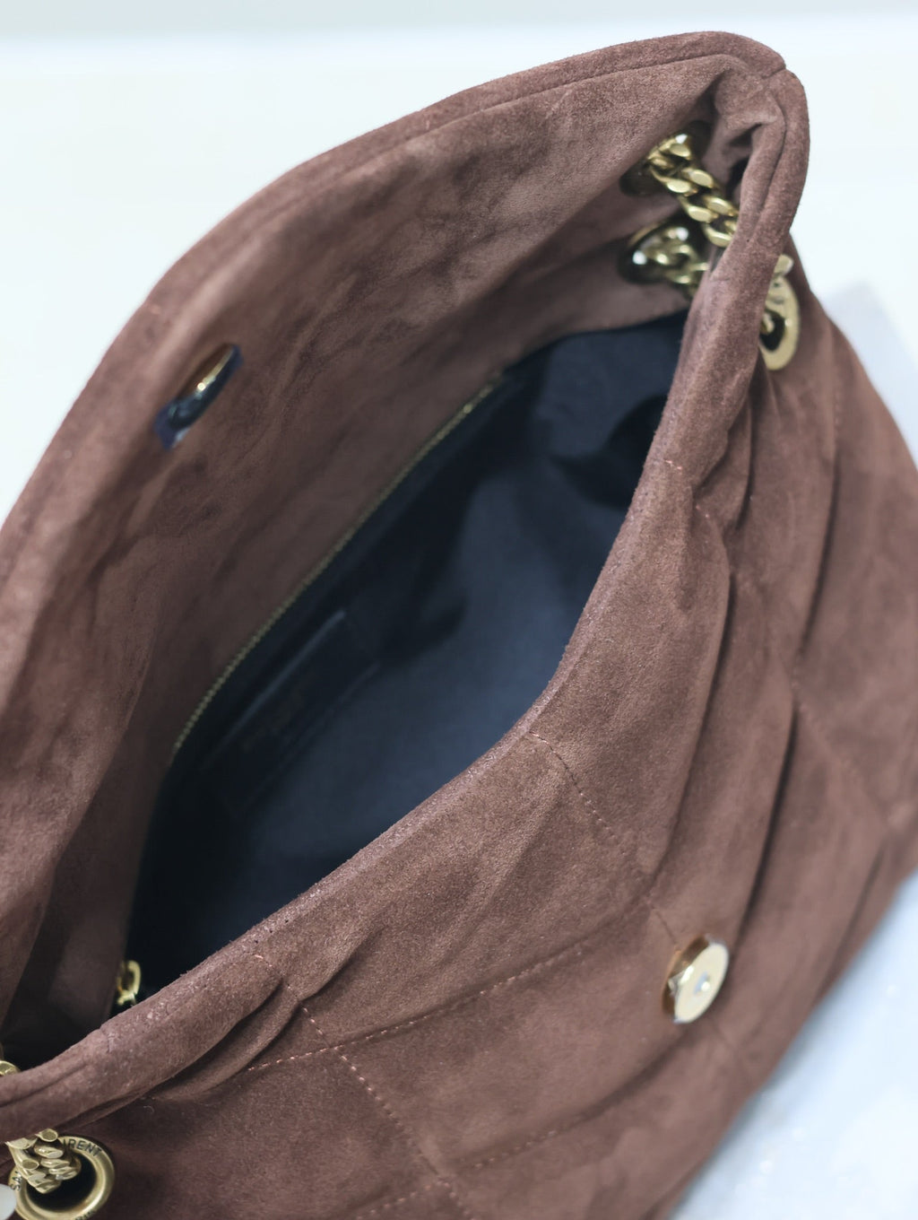 YSL 25S LOULOU PUFFER MM 29 IN DARK BROWN SUEDE GOLD HARDWARE