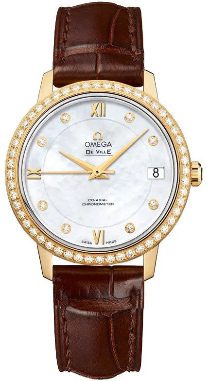 Omega De Ville Mother of Pearl Diamond Bezel Brown Leather